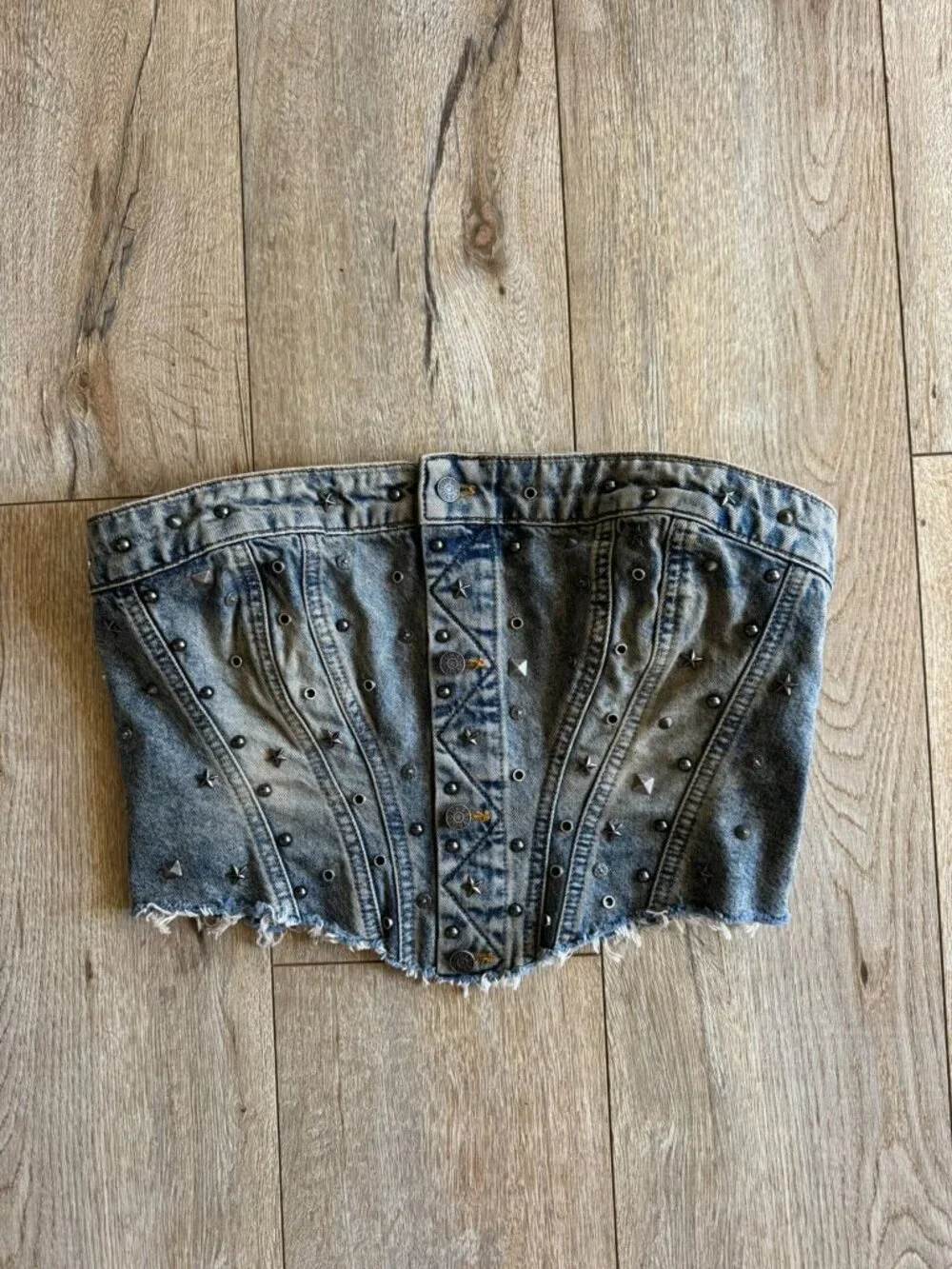 GUESS USA Silver Stud Embellished Gusa‎ Indigo Brown Tint Denim Corset Large